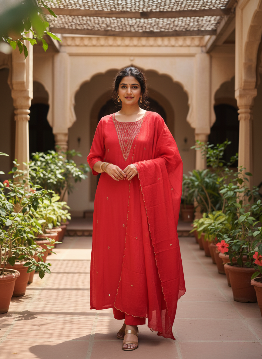Red Embroidered Kurta Set