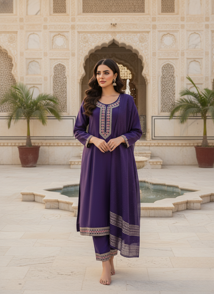 Purple Embroidered Kurta Set