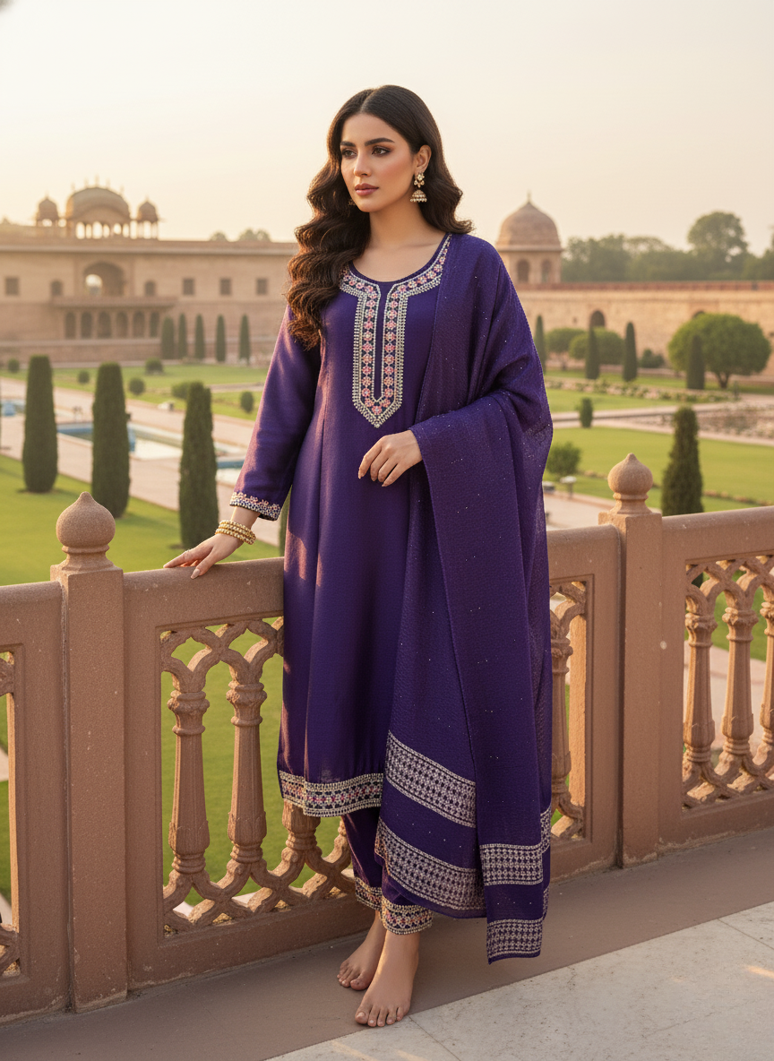 Purple Embroidered Kurta Set