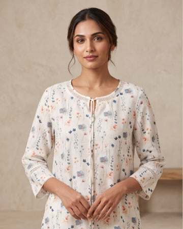 Meadow Breeze Floral Pure Linen Kurta Top