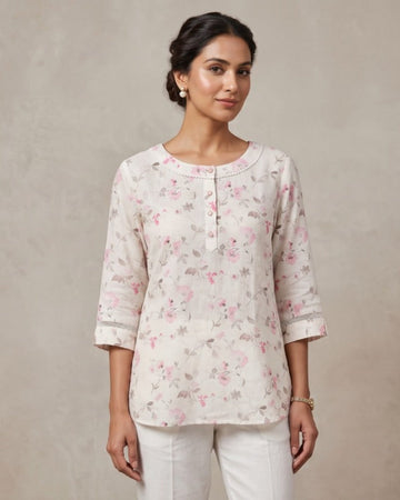 Pink Garden Floral Pure Linen Kurta Top