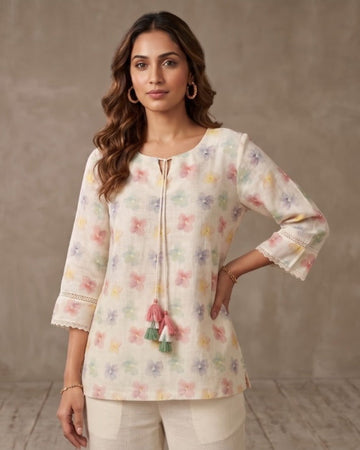 Pastel Bloom Pure Linen Kurta Top