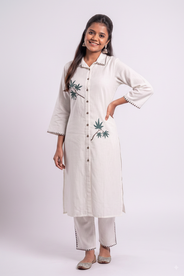 Ivory Palm Embroidered Cotton Kurta Set