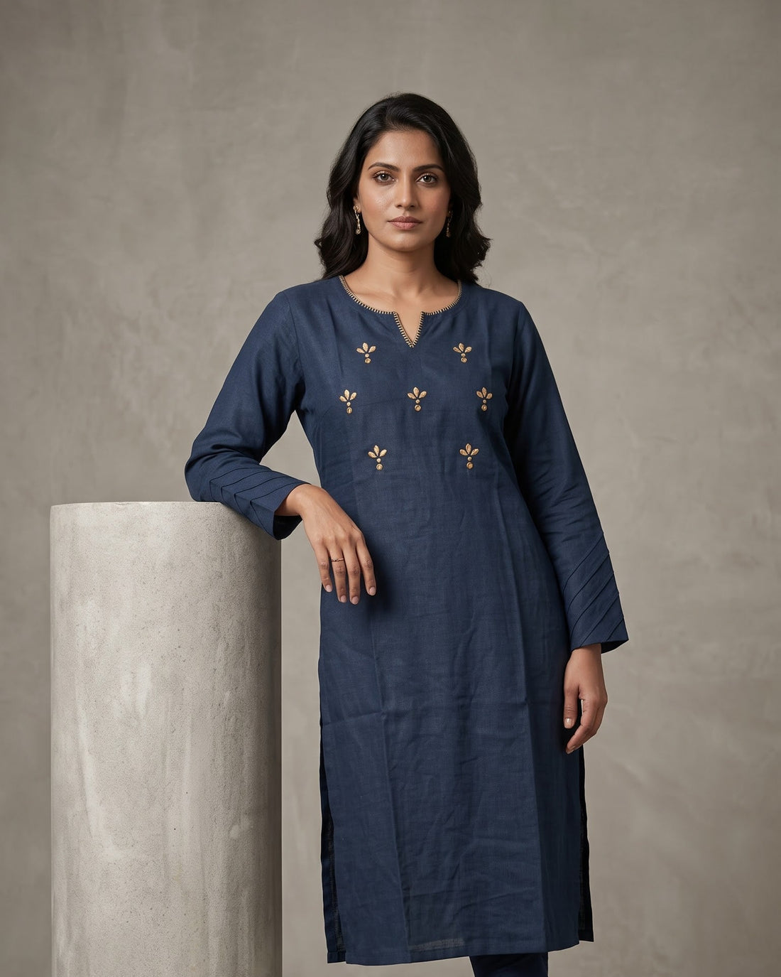 Navy Blue Gold-Embroidered Straight Kurta ( Top Only )