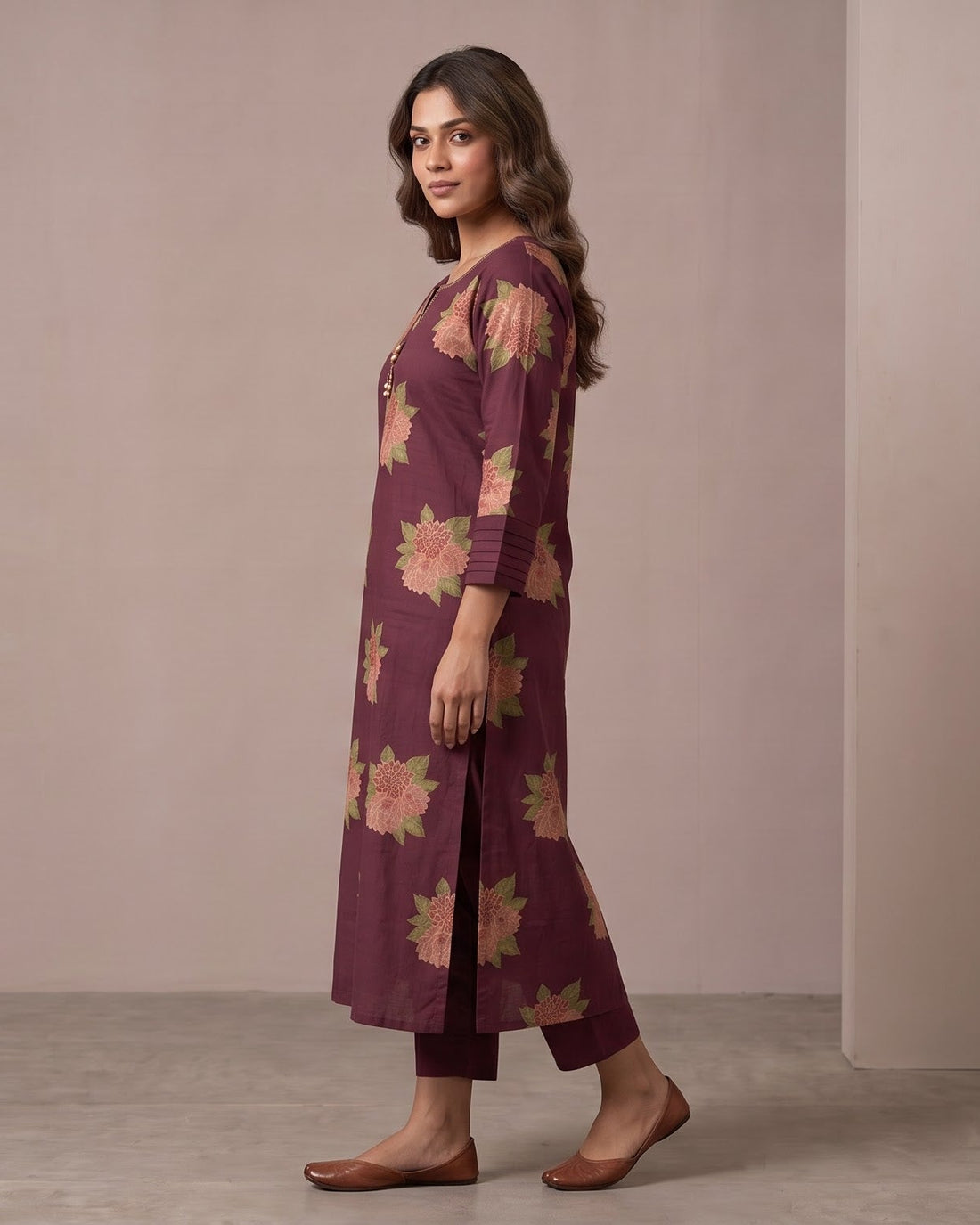 Plum Floral Embroidered Straight Kurta
