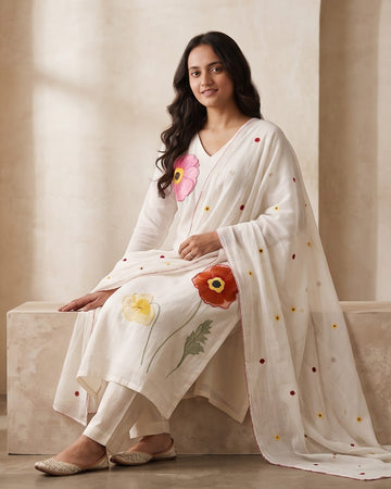 Ivory Hand-Embroidered Poppy Kurta Set - Tora Muslin with Sheer Dupatta
