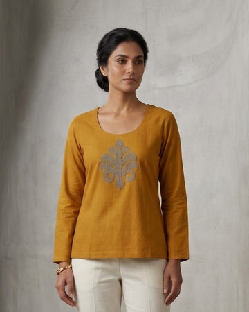 Mustard Yellow Cotton-Linen Tunic with Embroidered Damask Motif