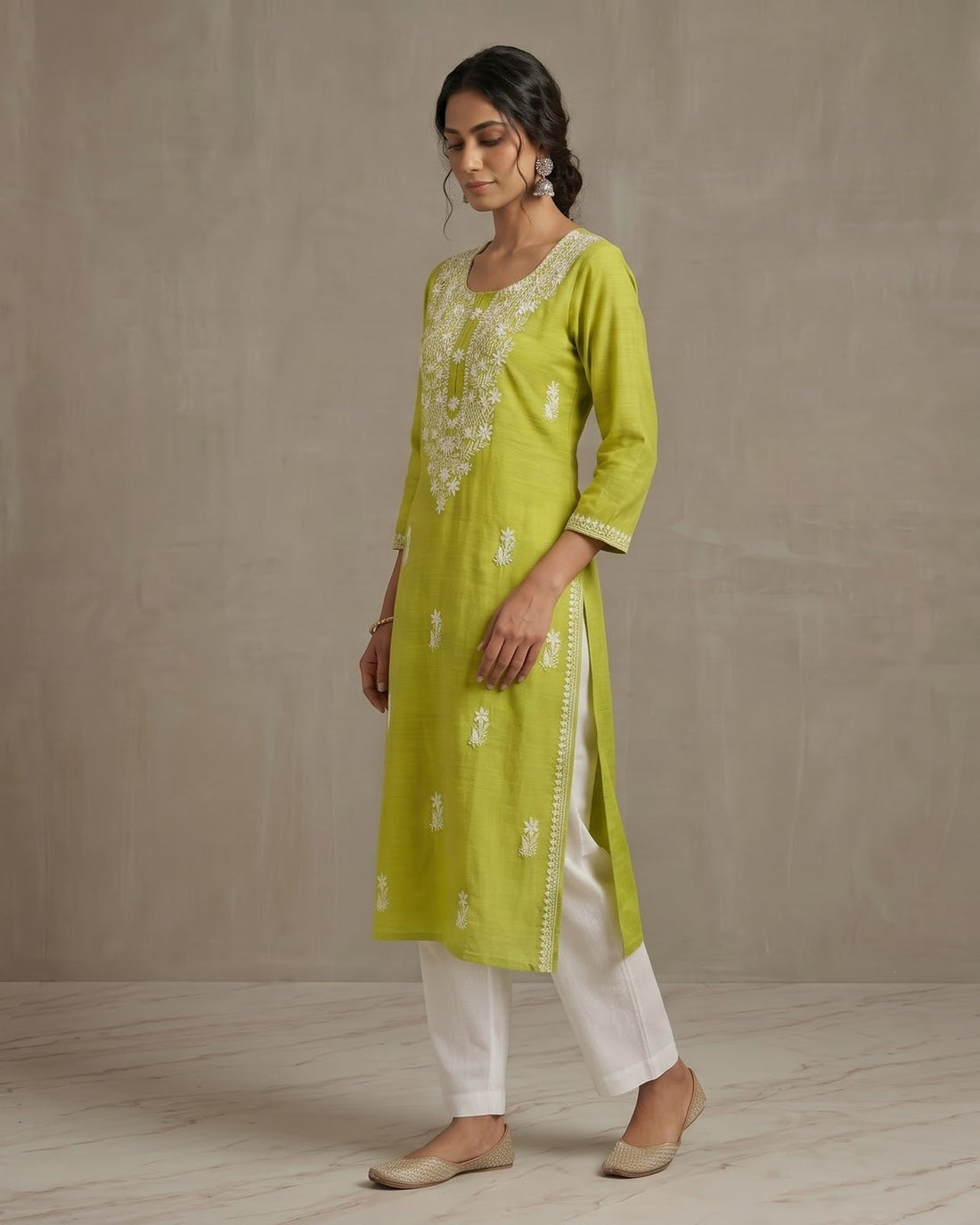 Lime Green Chikankari Style Floral Embroidered Straight Kurta – Top Only