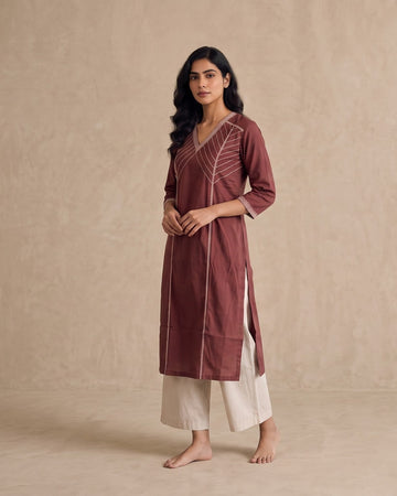 Navy Striped &amp; Floral Print Collared Kurta – Top Only