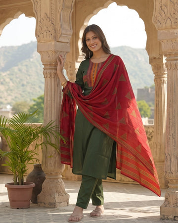 Olive Green Silk Blend Straight Kurta Set with Brick Red Printed Dupatta