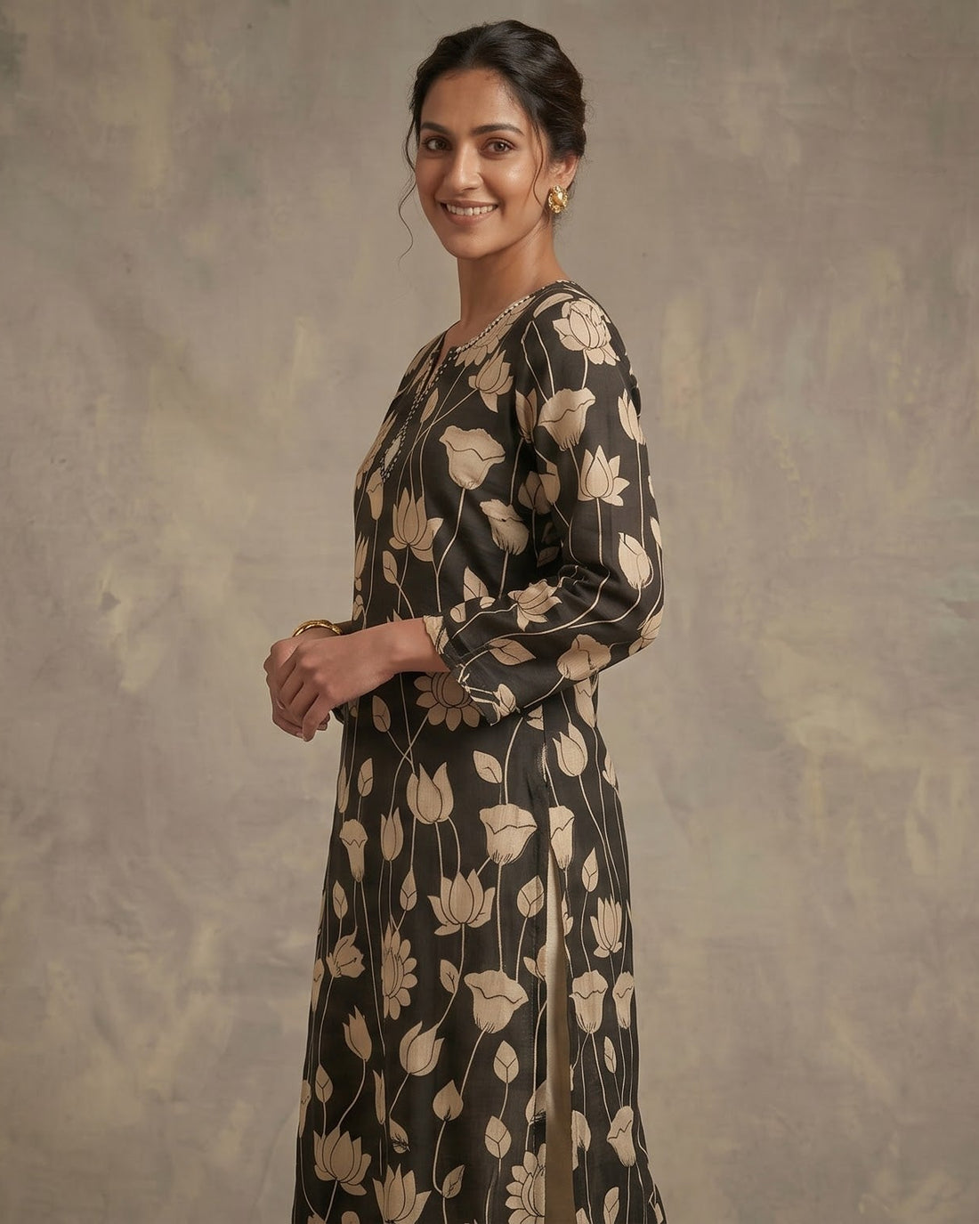 Charcoal Black Lotus Printed Straight Kurta – Top Only