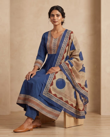 Indigo Geometric Art Kurta Set