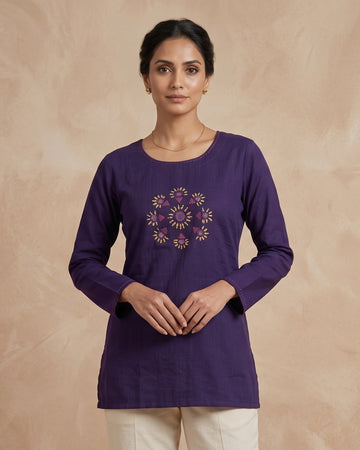 Indigo Purple Cotton-Linen Short Tunic with Floral Mandala Embroidery