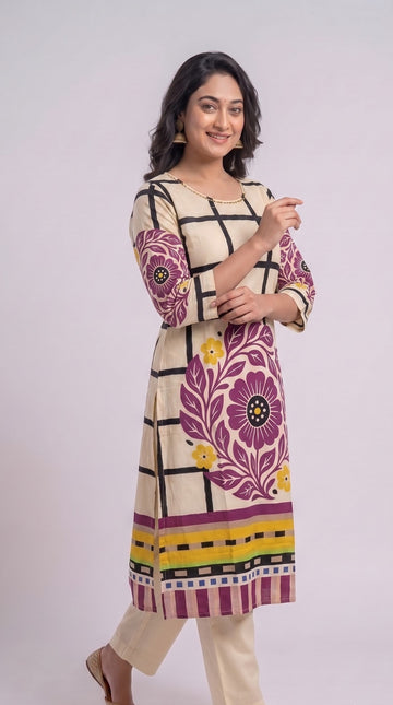 Ivory Bloom Checkered Cotton Kurta Set