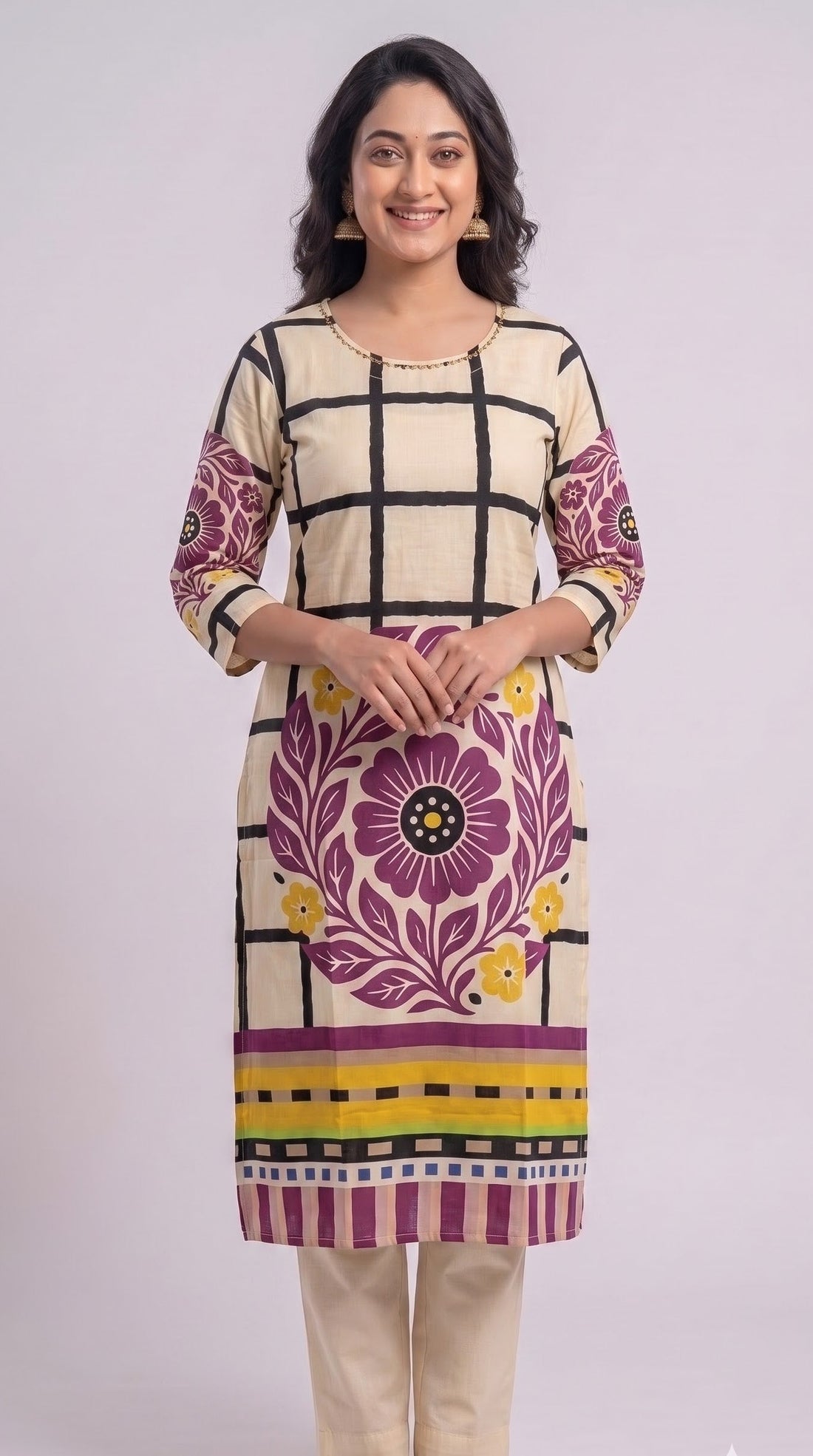 Ivory Bloom Checkered Cotton Kurta Set