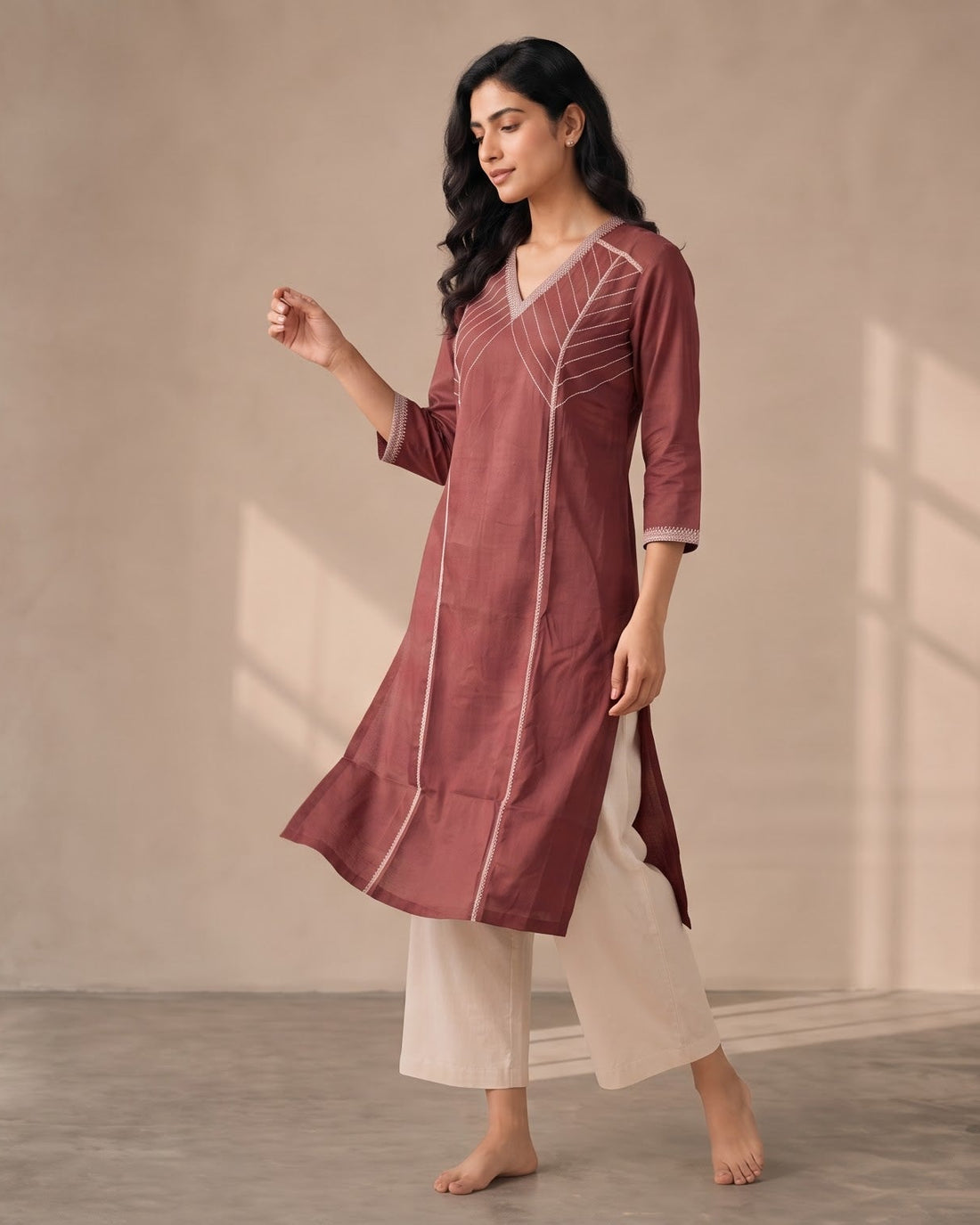 Navy Striped &amp; Floral Print Collared Kurta – Top Only