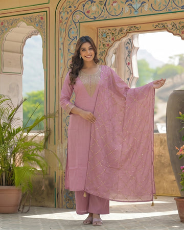 Dusty Rose Pink Embroidered Kurta Set with Zari Jaal Dupatta