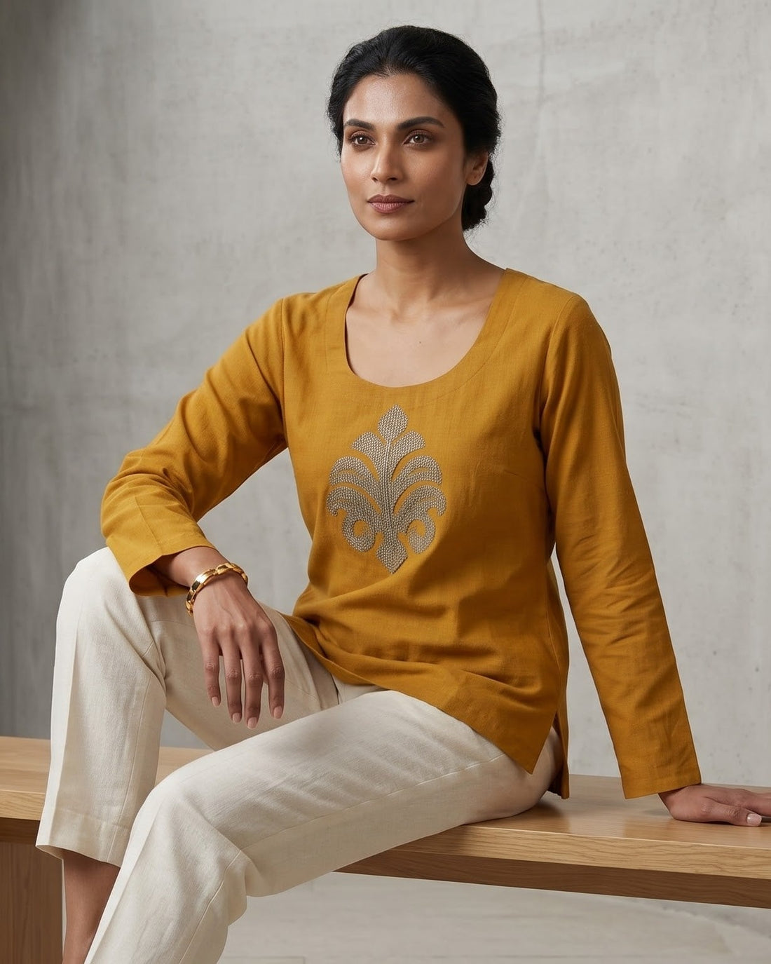 Mustard Yellow Cotton-Linen Tunic with Embroidered Damask Motif