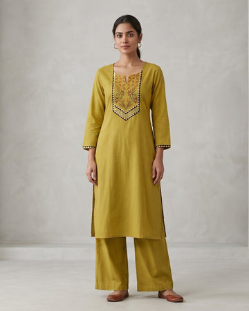 Mustard Yellow Embroidered Straight Kurta with Palazzo Set ( Two Piece )