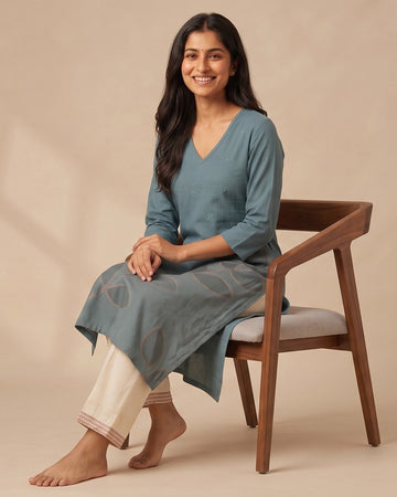 Slate Blue Kantha-Embroidered Straight Kurta – Top Only
