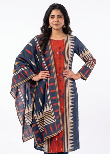 Slate Blue Ikat Cotton Kurta Set with Dupatta