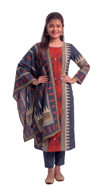 Slate Blue Ikat Cotton Kurta Set with Dupatta