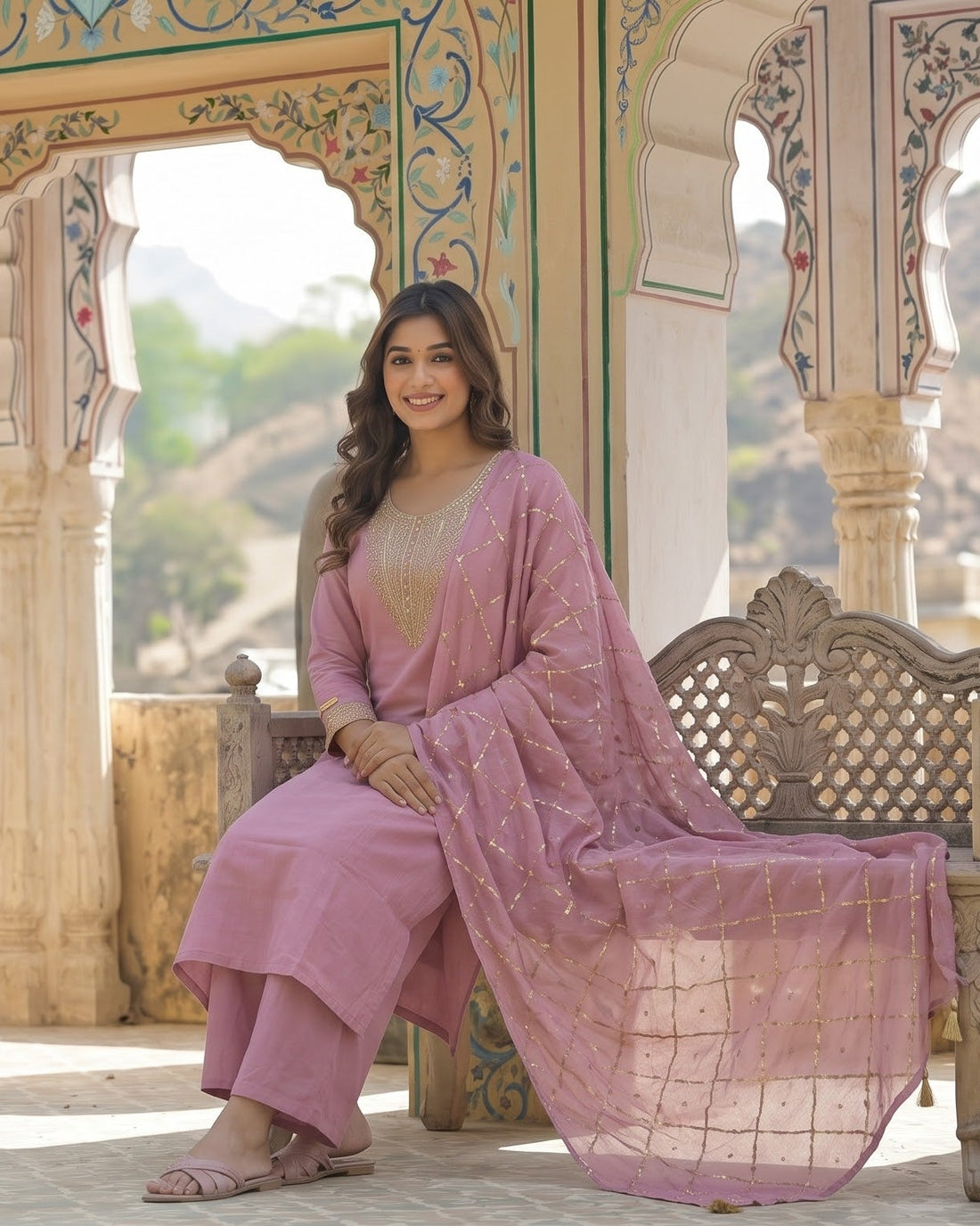 Dusty Rose Pink Embroidered Kurta Set with Zari Jaal Dupatta