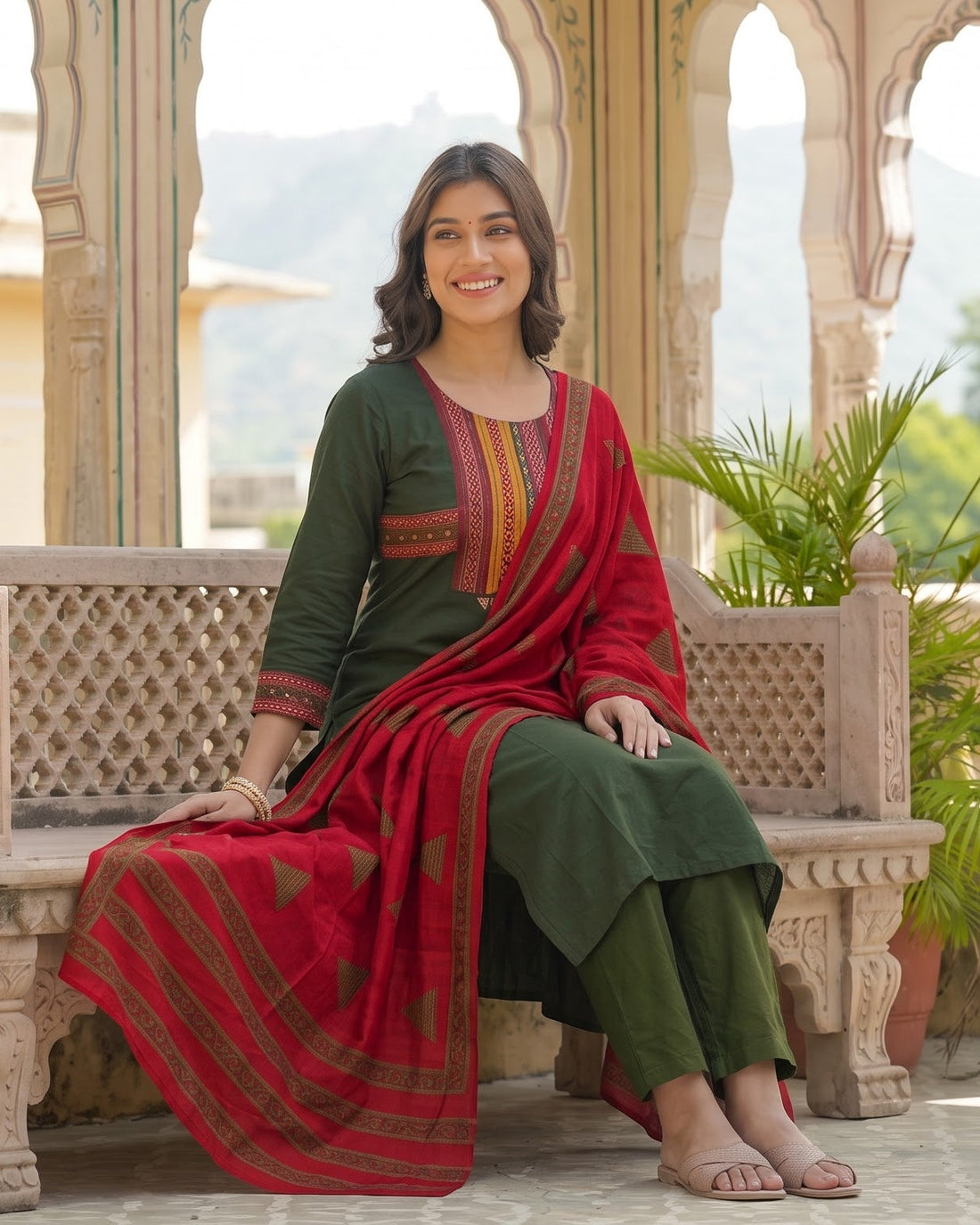 Olive Green Silk Blend Straight Kurta Set with Brick Red Printed Dupatta