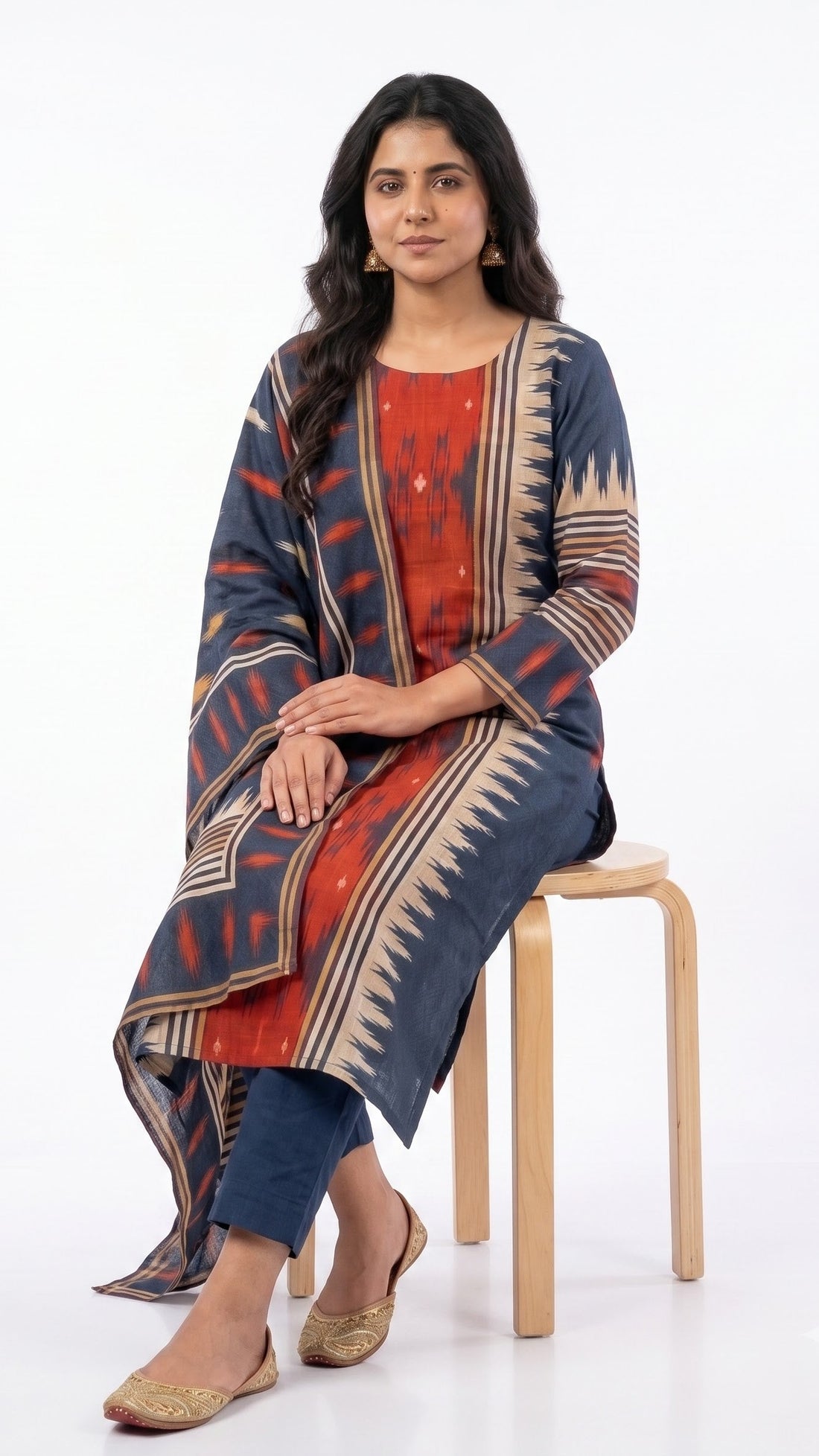 Slate Blue Ikat Cotton Kurta Set with Dupatta