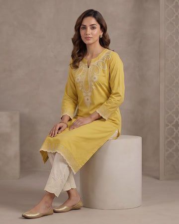 Mustard Yellow Embroidered Straight Kurta – Top Only
