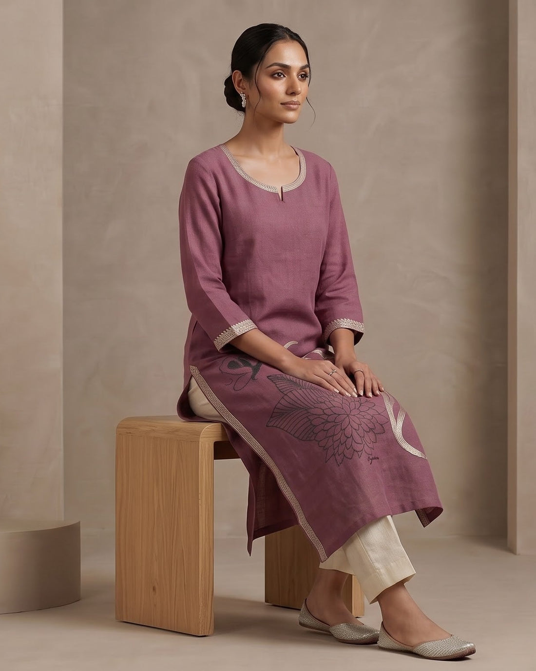 Mauve Abstract Embroidered Straight Kurta – Top Only