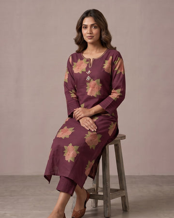 Plum Floral Embroidered Straight Kurta Set