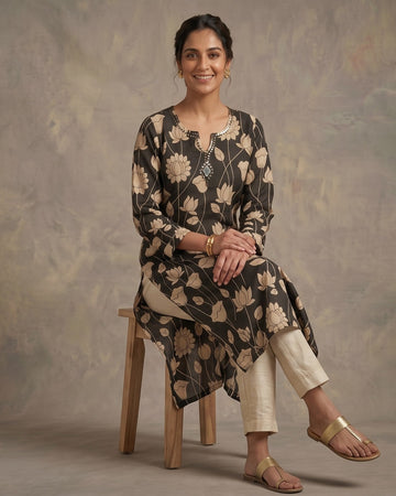 Charcoal Black Lotus Printed Straight Kurta – Top Only