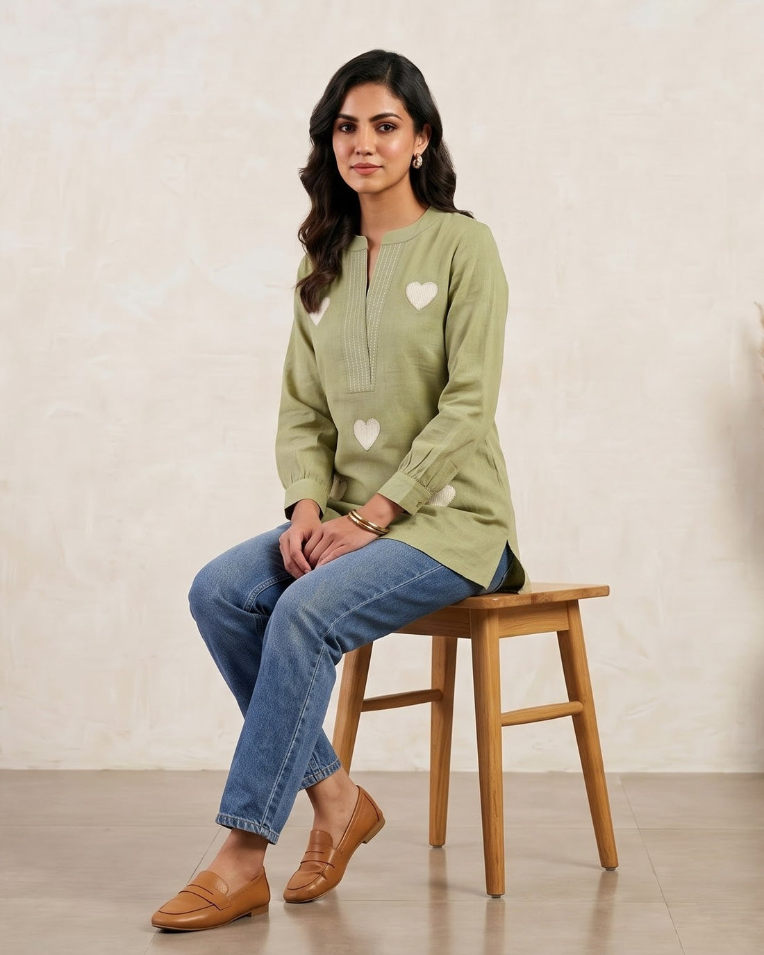 Sage Green Heart Appliqué Tunic Top – Top Only