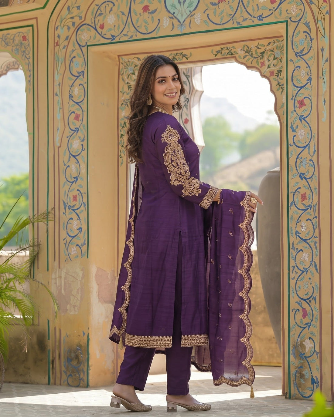 Deep Purple Silk Blend Kurta Set with Tilla Zardozi Neckline & Embroidered Dupatta