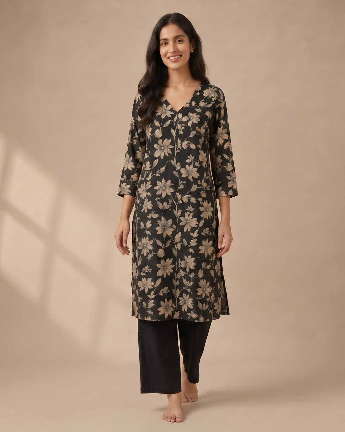 Black Floral Print Straight Kurta – Top Only