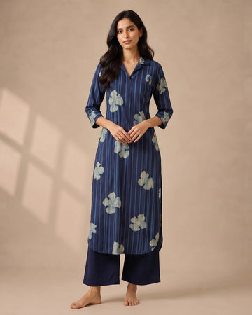 Navy Striped &amp; Floral Print Collared Kurta – Top Only