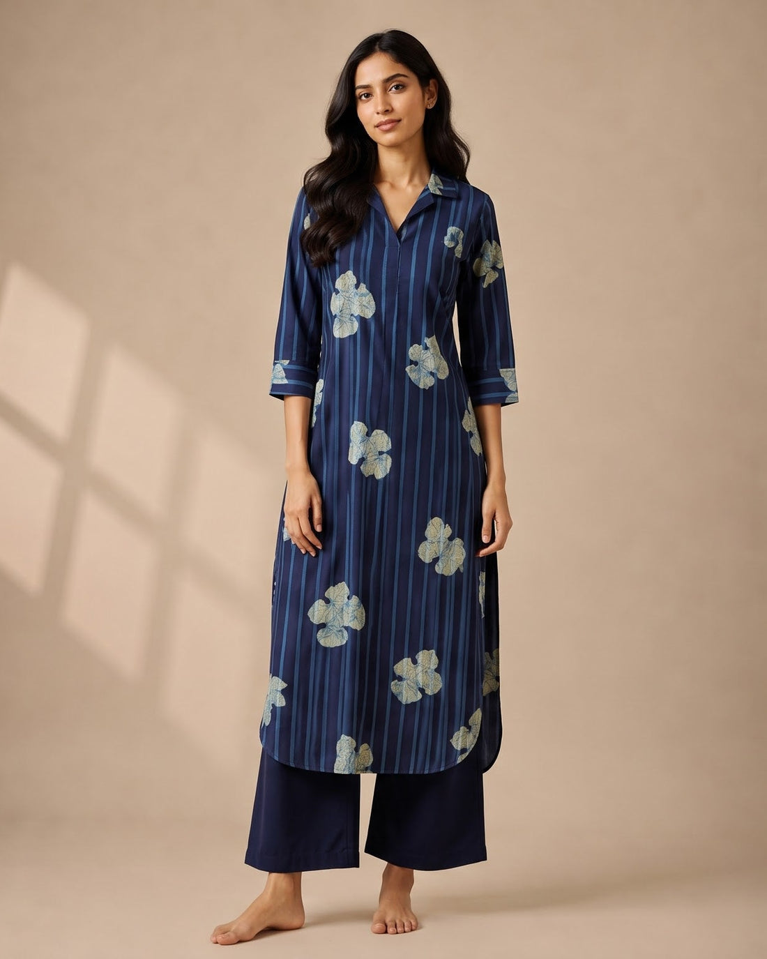 Navy Striped &amp; Floral Print Collared Kurta – Top Only