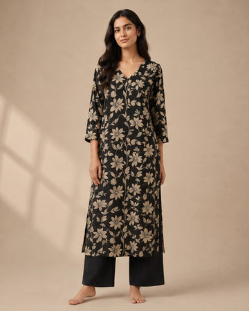 Black Floral Print Straight Kurta – Top Only