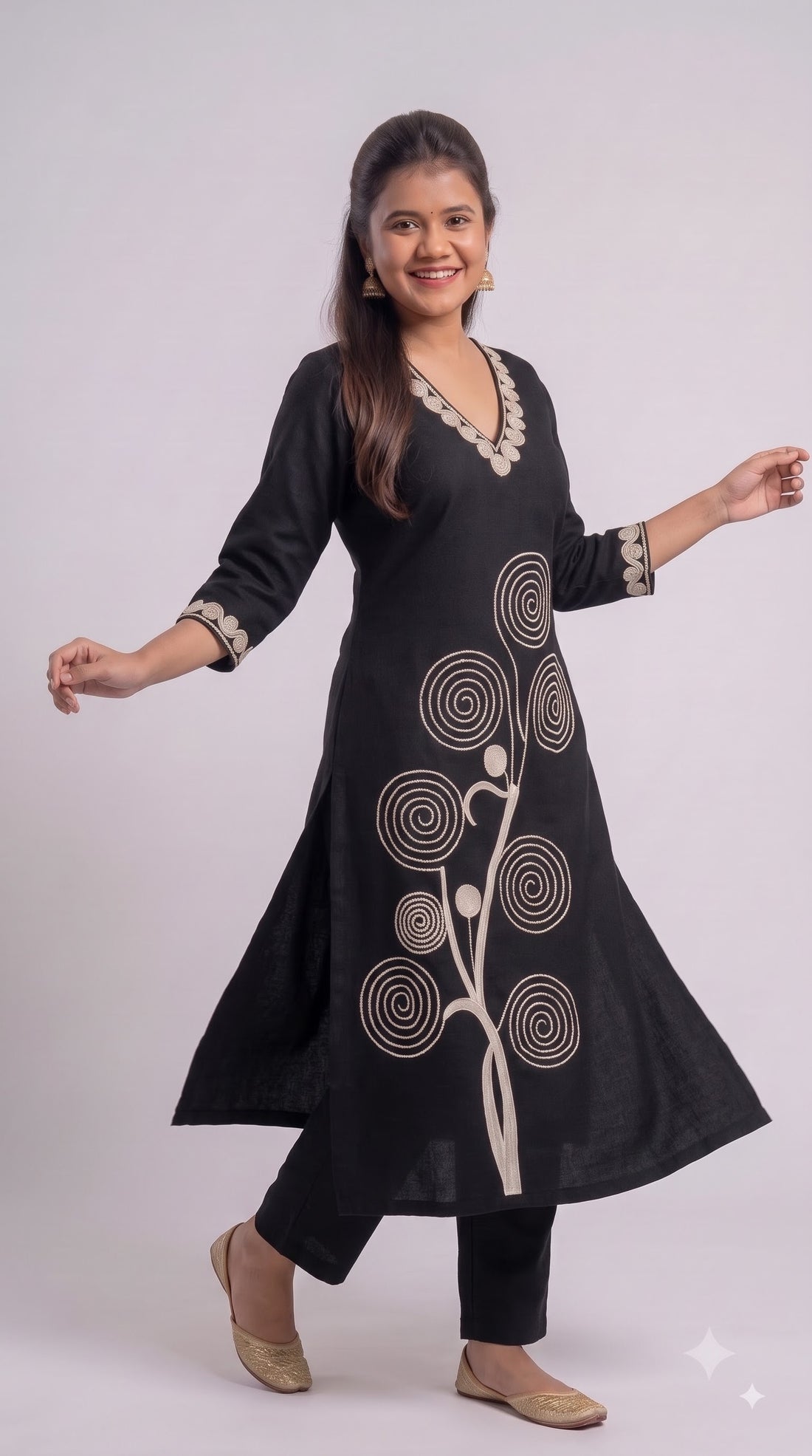 Midnight Spiral Embroidered Cotton A-Line Top