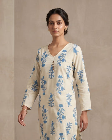 Cream &amp; Sky Blue Floral Print Straight Kurta – Top Only