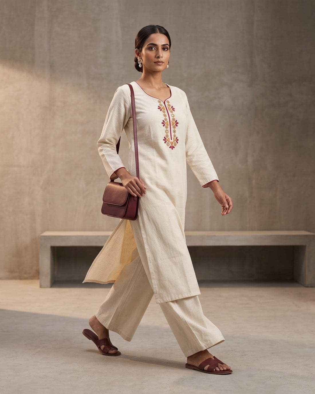 Earthen Crimson Embroidered Kurta Set ( 2 Piece )