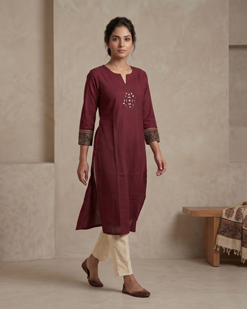 Maroon Embroidered Straight Kurta – Top Only