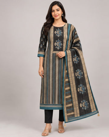 Black &  Beige Striped Floral Kurta Set with Trousers & Tassel Dupatta