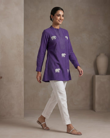 Indigo Purple Elephant Embroidered Short Tunic – Top Only