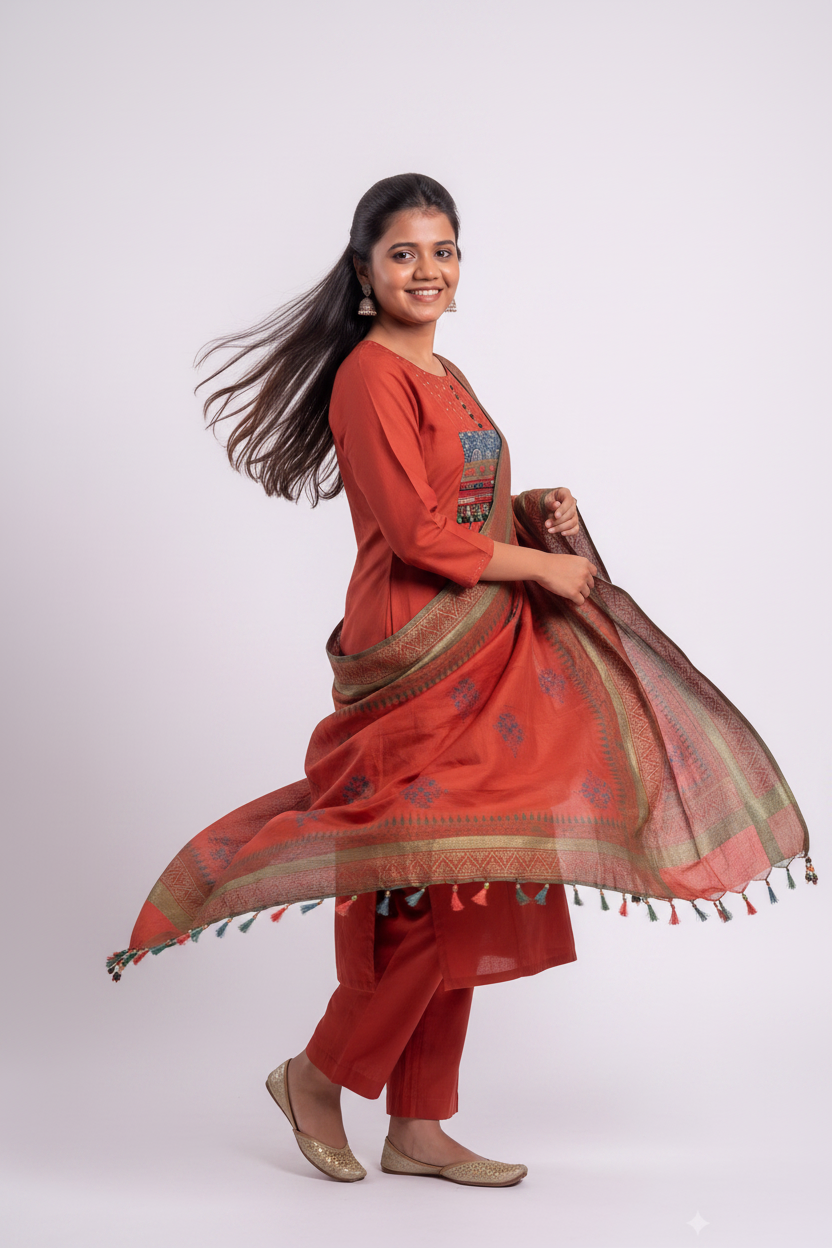 Rust Heritage Embroidered Cotton Straight Set
