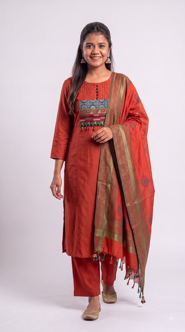 Rust Heritage Embroidered Cotton Straight Set