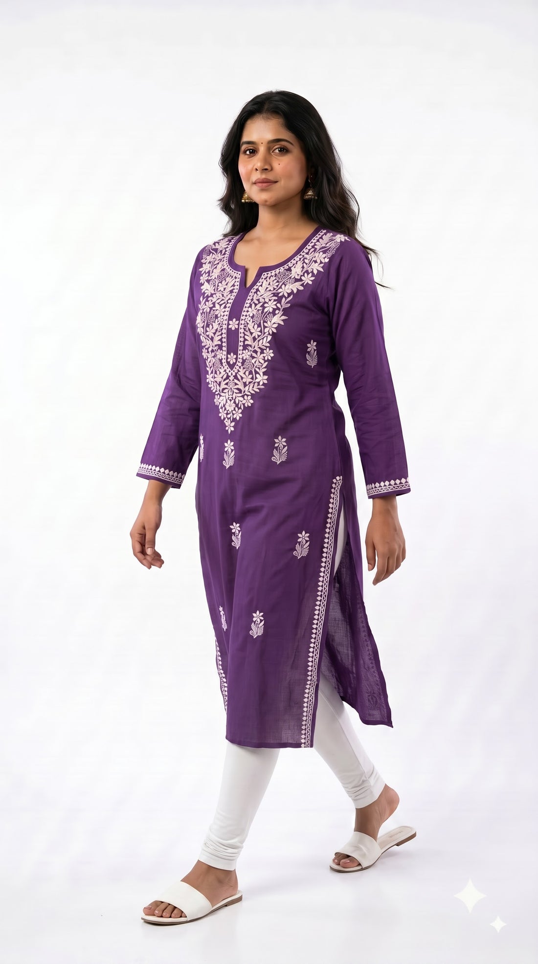 Royal Purple Floral Embroidered Straight Kurta – Top Only