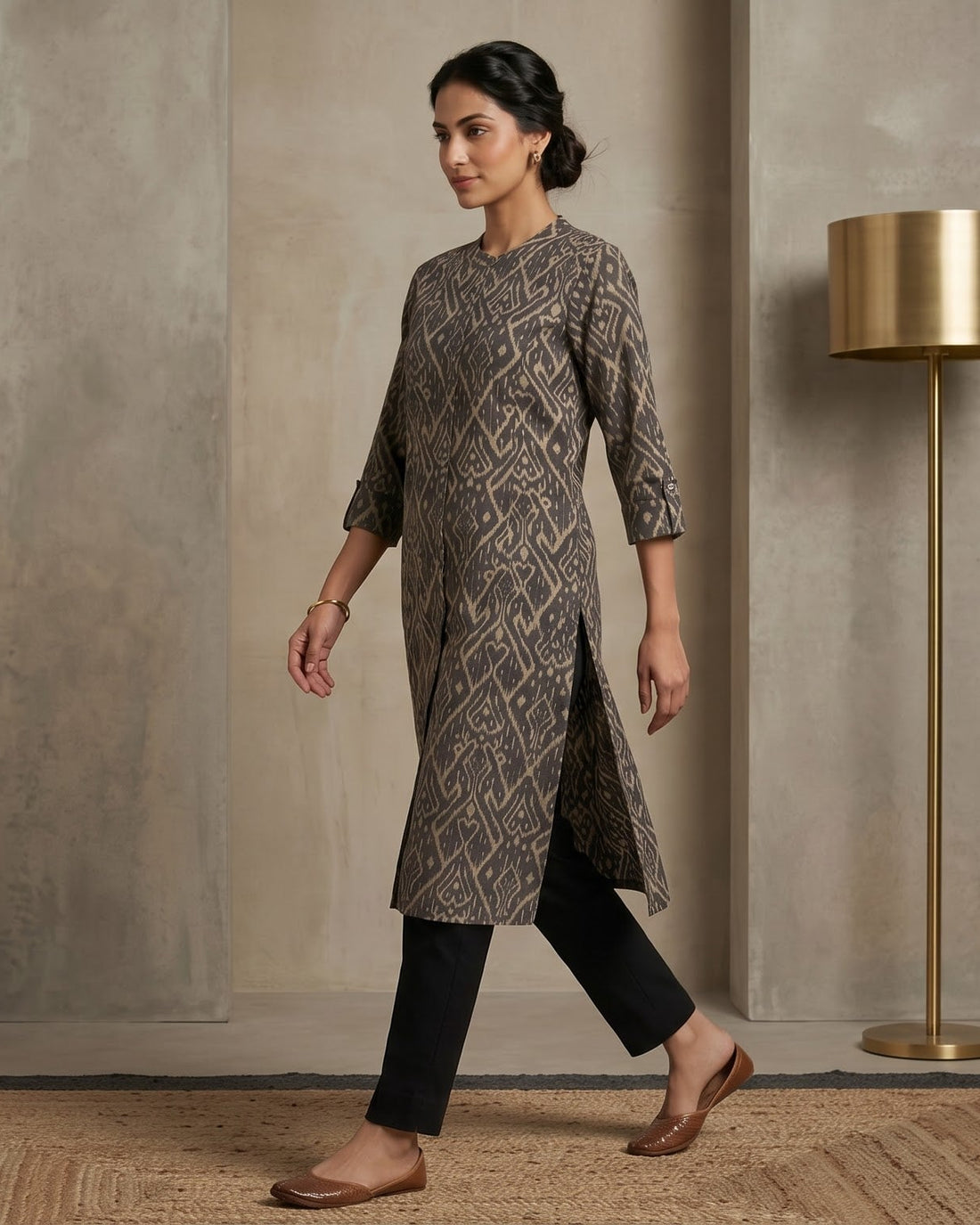 Charcoal Grey Ikat Print Button-Down Kurta – Top Only