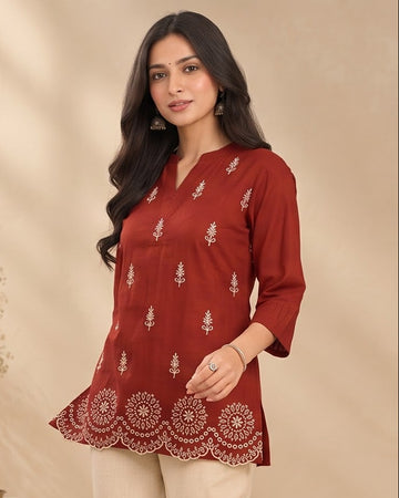 Rust Red Cotton Short Kurti with Botanical Embroidery & Scalloped Hem